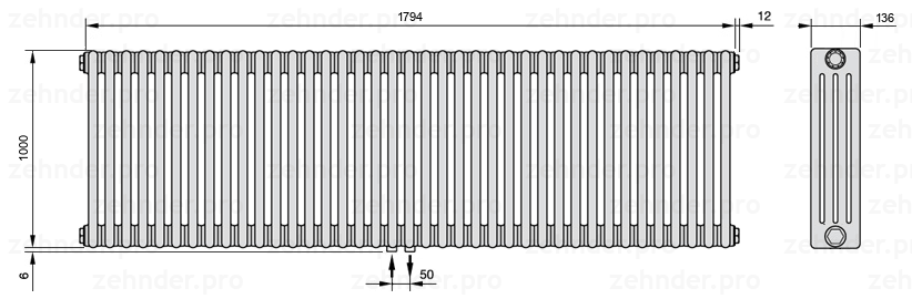Схема (чертеж) Радиатор Zehnder Charleston 4100/39 №3470 Белый глянцевый RAL 9016